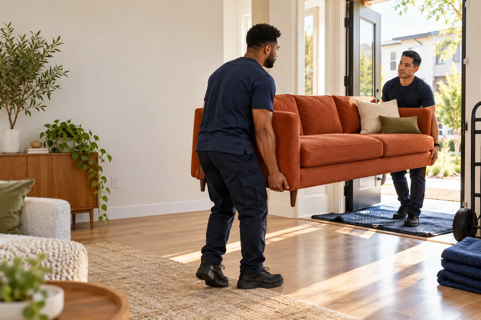 Two workers carefully carrying a sofa through a home's front door